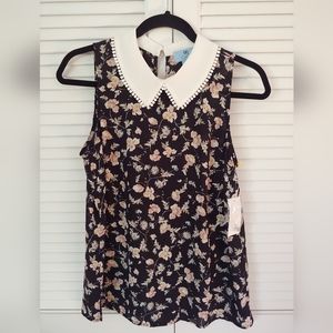 NWT CeCe sz Small Sleeveless Blouse.  Black with Floral Detail.